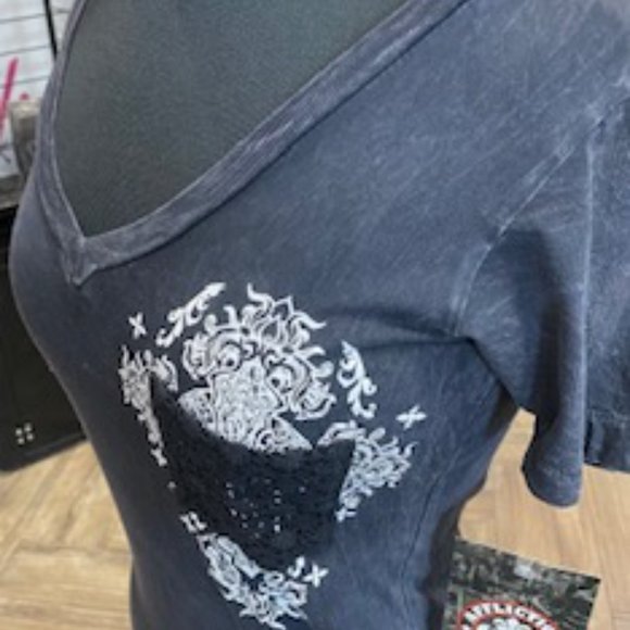 Adorable Affliction Women's Tee with Black Lace Pocket, Size Small - Picture 2 of 3